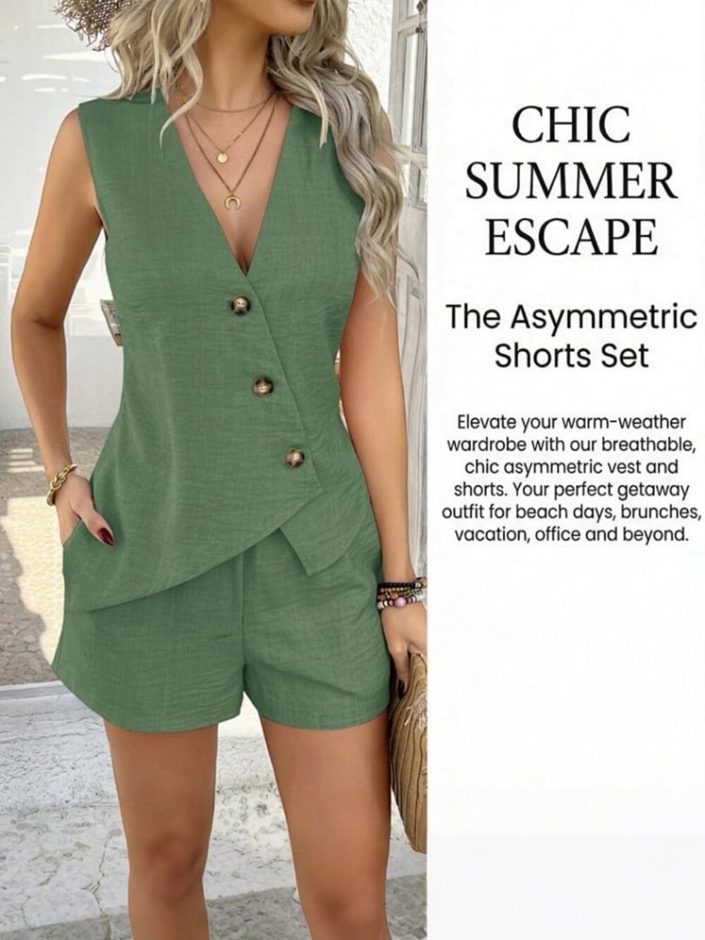 Women's Green 2 Piece Sleeveless Button Down V Neck Blazer Vest and Shorts Set - Picture 5 of 6